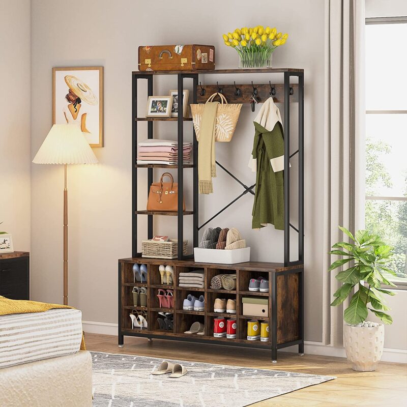 Coat Rack Shoe Bench, Entryway Hall Tree with Storage Shelves - Image 4