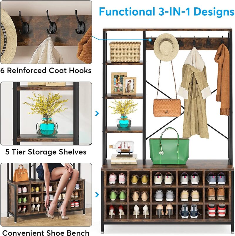 Coat Rack Shoe Bench, Entryway Hall Tree with Storage Shelves - Image 5