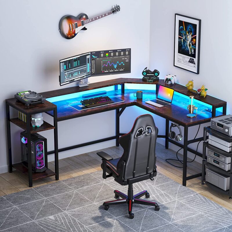 Gaming Desk, L-Shaped Computer Desk with Power Outlets & LED Strips - Image 9