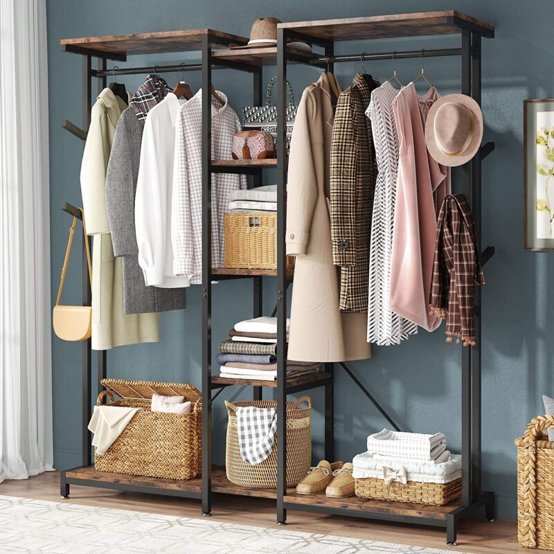 Freestanding Closet Organizer, Large Clothes Rack with Hooks & Shelves - Image 3