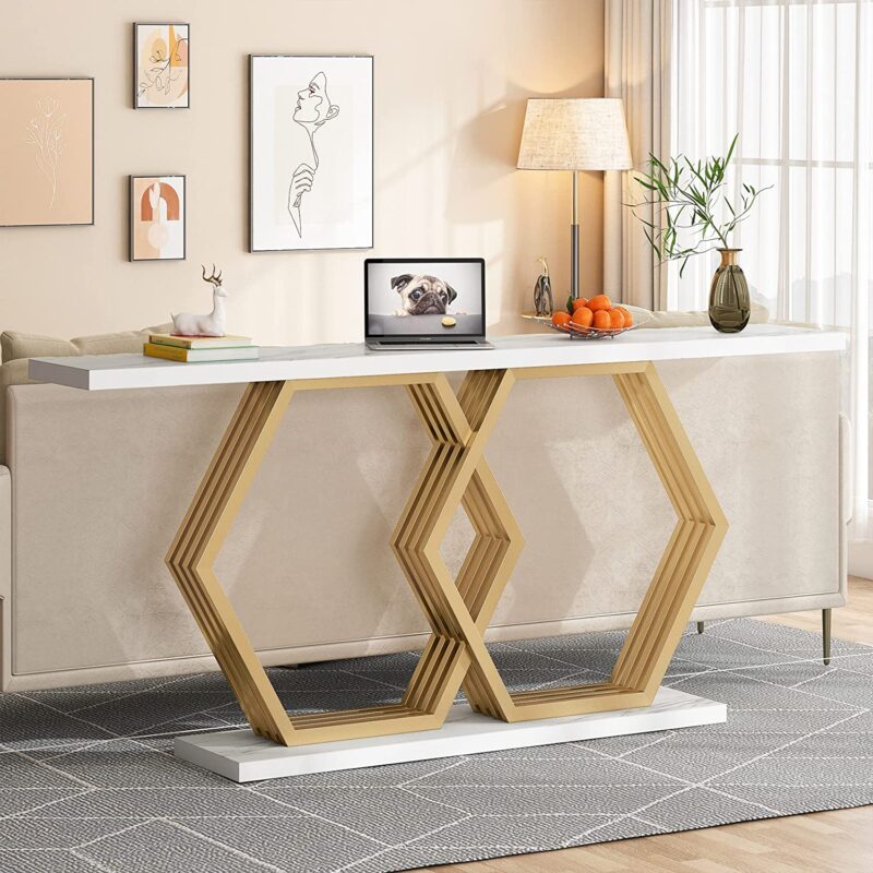 Console Table, 70" Faux Marble Entryway Table with Geometric Metal Base - Image 2