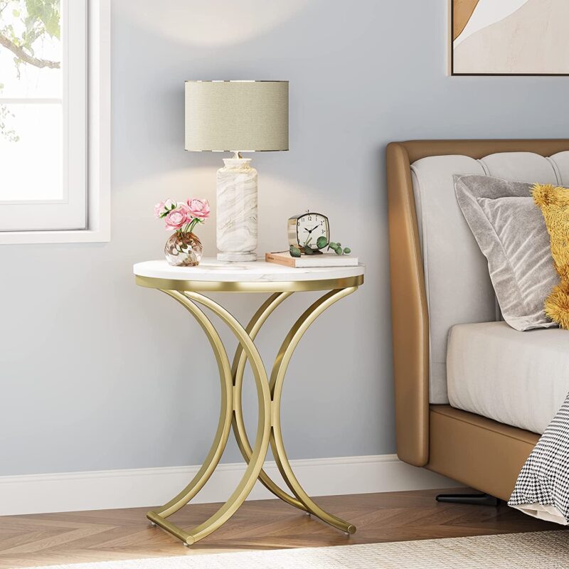 End Table, Round Sofa Side Table Coffee Table with Gold Metal Frame - Image 4