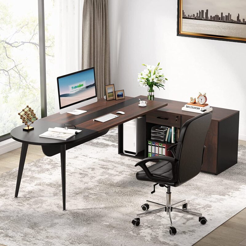 L-Shaped Desk, 70.9'' Executive Desk with 47” File Cabinet - Image 3