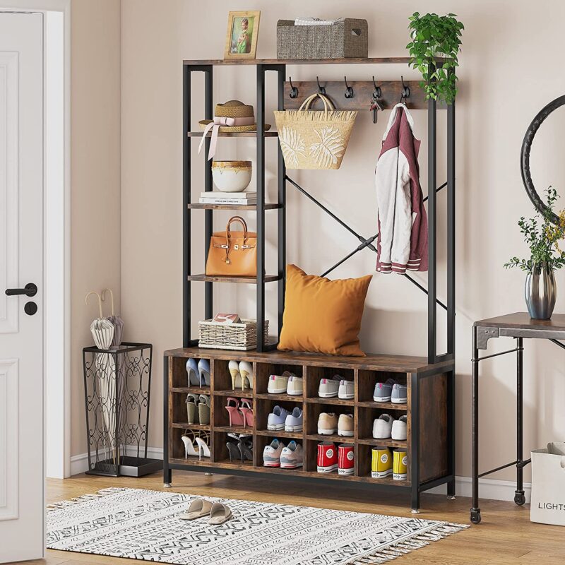 Coat Rack Shoe Bench, Entryway Hall Tree with Storage Shelves - Image 2