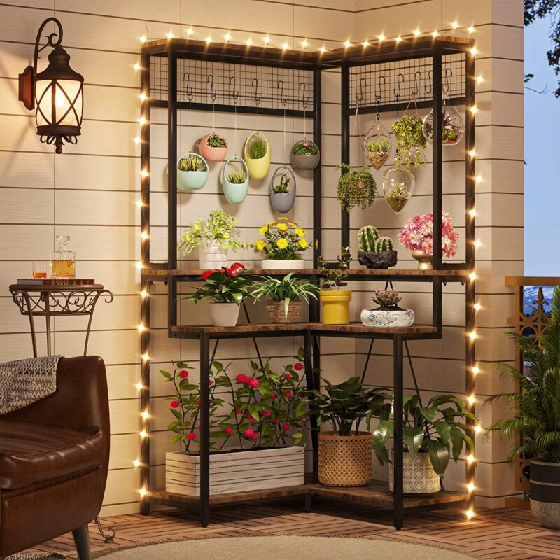 Corner Plant Stand, 67" Tall Flower Shelf with 15 Hanging Hooks - Image 4