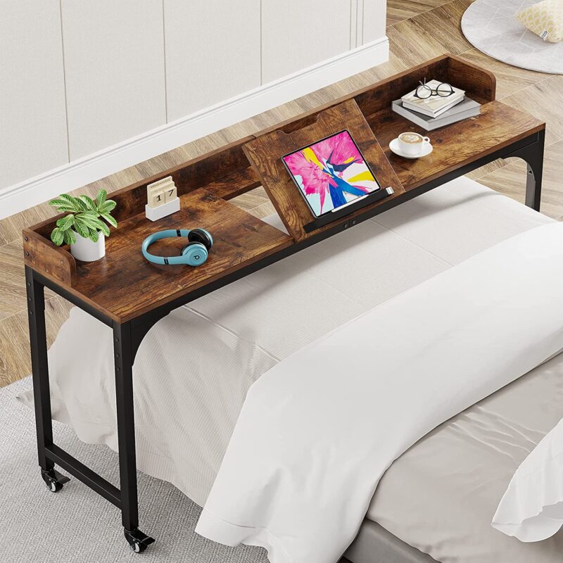 Overbed Table, Mobile Laptop Desk with Adjustable Tilt Board