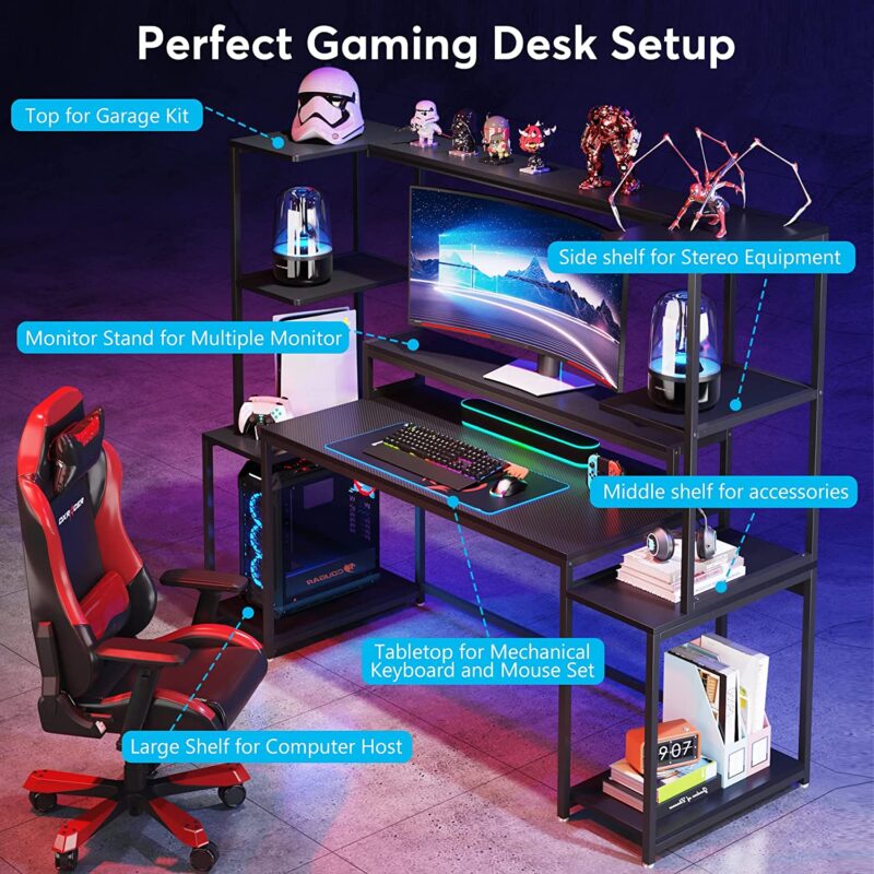 Gaming Desk, 70 -inch Computer Desk with Hutch and Monitor Stand - Image 5