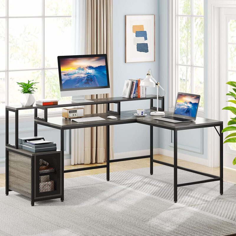 L-Shaped Desk, 70.5" Corner Computer Desk with Shelves & Monitor Stand