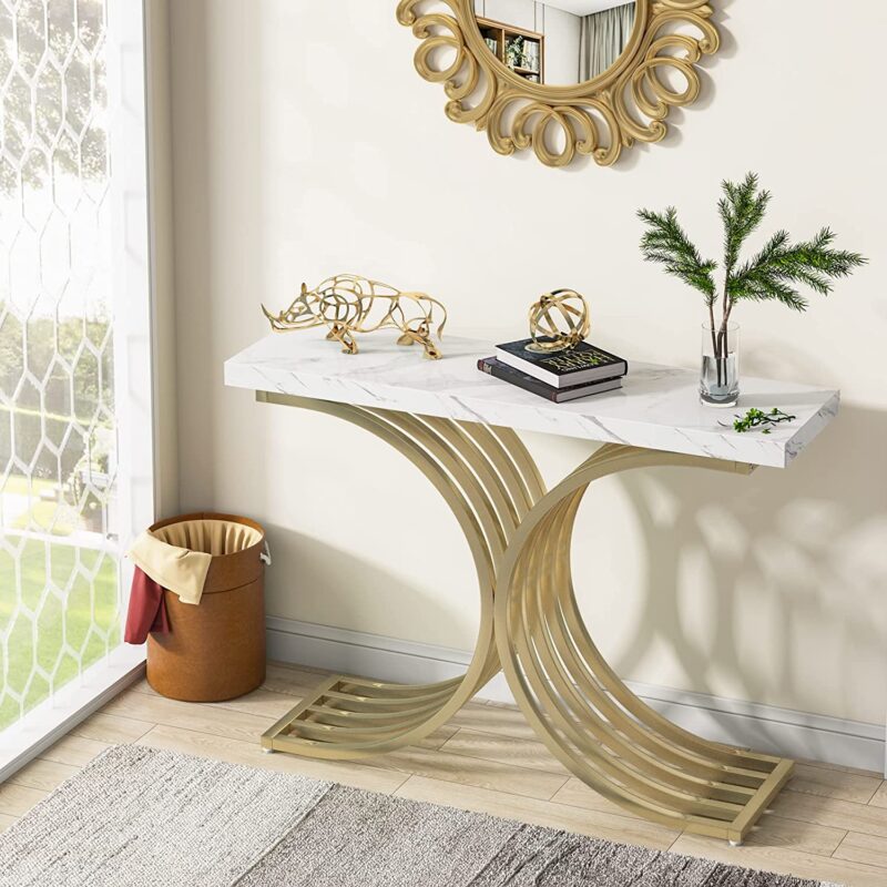 Console Table, Modern Faux Marble Entryway Sofa Table with Metal Base - Image 4