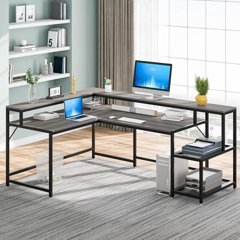 L-Shaped Desk, 69" Reversible Corner Desk with Monitor Stand & Storage Shelf - Image 8