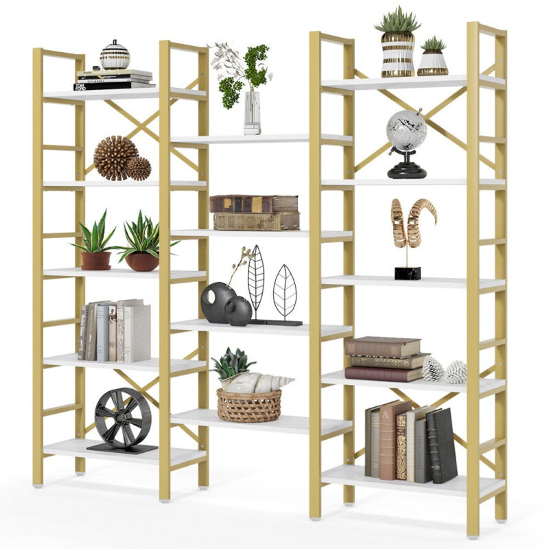 Bookshelf,  Industrial Triple Wide 14 Shelves Etagere Bookcase - Image 9