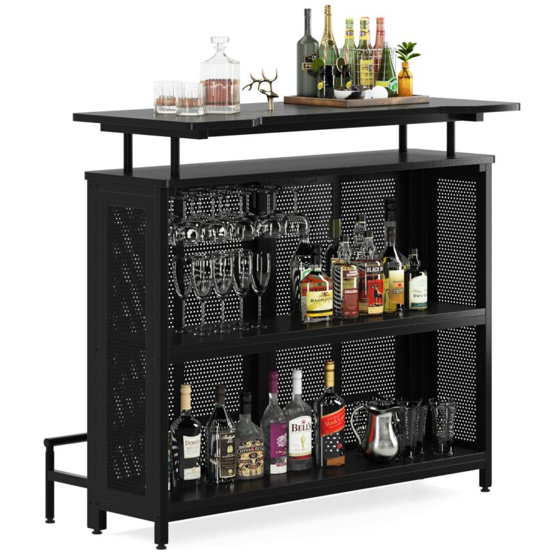 Bar Unit, 3 Tier Liquor Home Bar Table with Stemware Racks