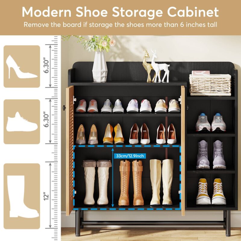 Shoe Cabinet, Rattan Shoe Storage Organizer with Doors & Open Shelves - Image 6