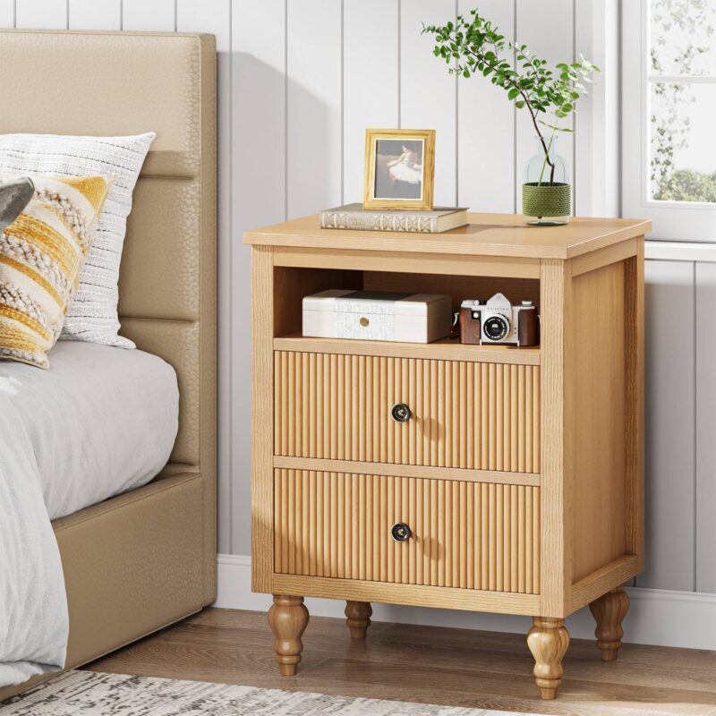 Nightstand, 2 Drawers Sofa Side Table with Open Storage Space