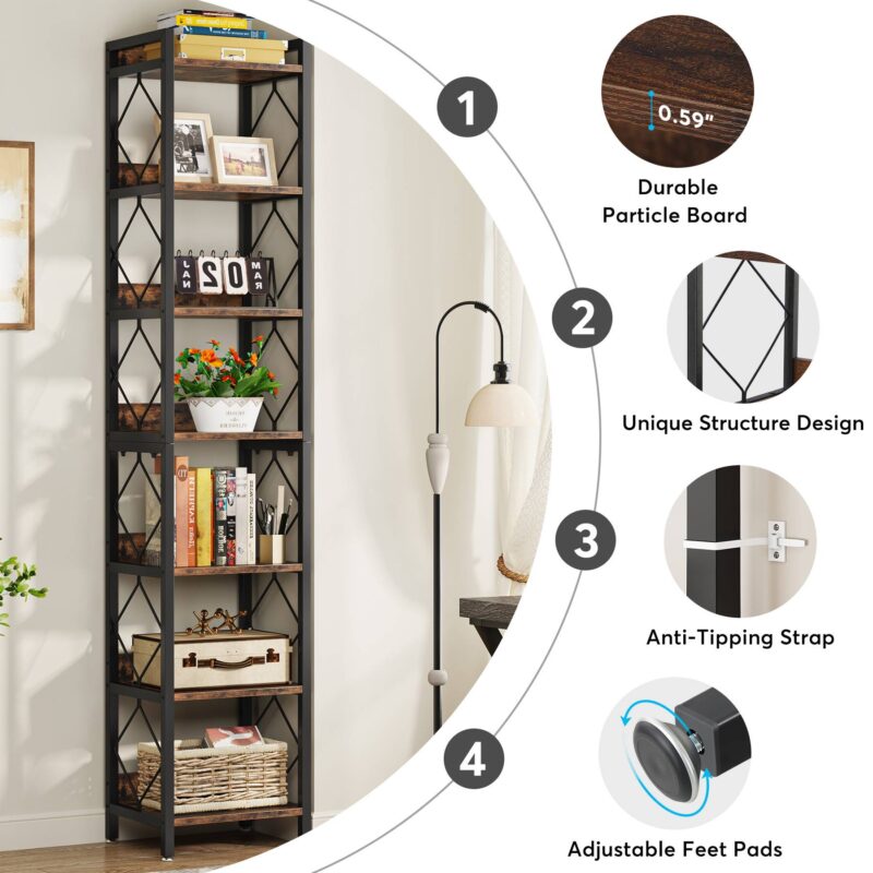 Corner Shelf, 78.7" Narrow Bookshelf 7 Tier Corner Bookcase - Image 6