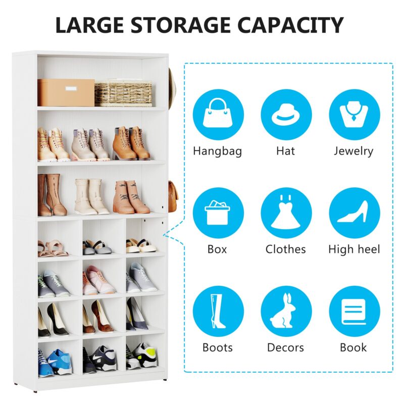 Shoe Cabinet, Freestanding Shoe Rack with Side Hooks - Image 6