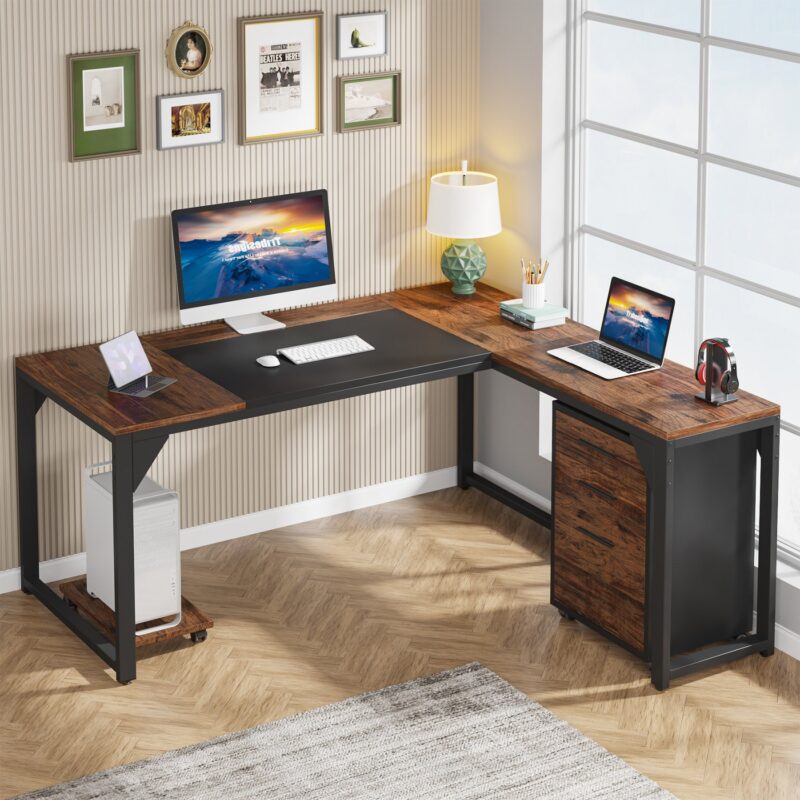 L-Shaped Desk, 63" Executive Computer Desk with Mobile File Cabinet - Image 3