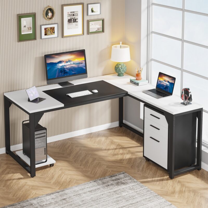 L-Shaped Desk, 63" Executive Computer Desk with Mobile File Cabinet - Image 8