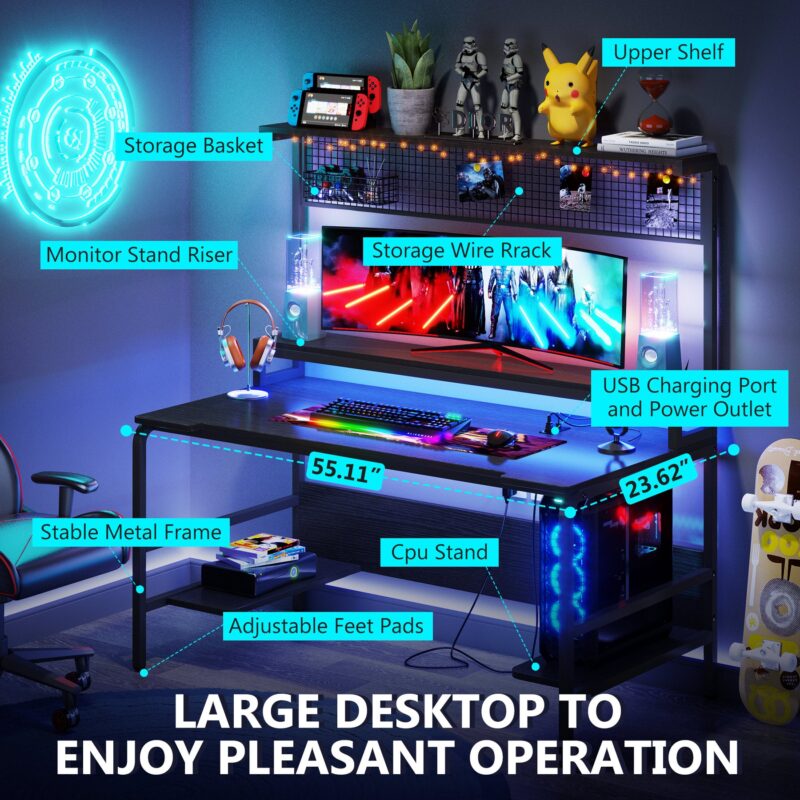 Gaming Desk with 2-Outlet & 2 USB Ports, Computer Desk with Monitor Stand - Image 6