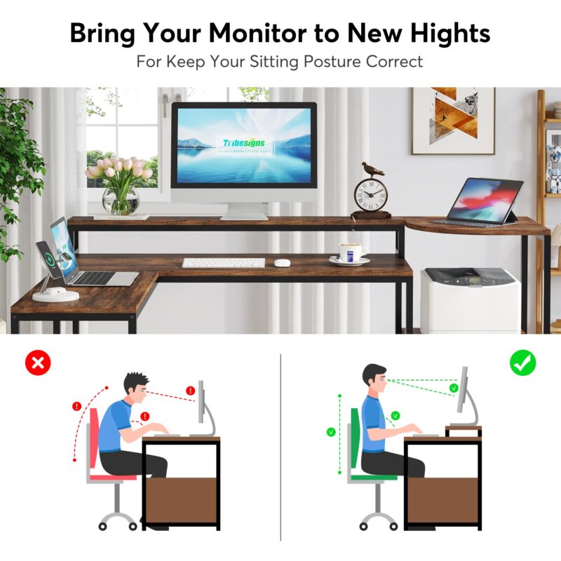 L-Shaped Desk, 67 Inch Corner Computer Desk with Hutch and Drawer - Image 6