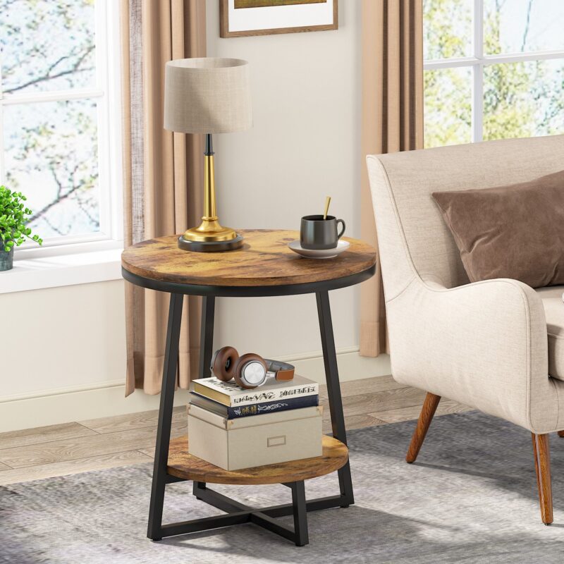 End Table, 2 Tier Round Nightstand Bedside Table - Image 9