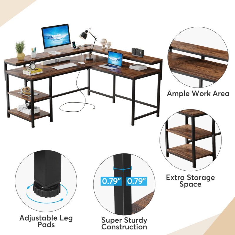 L-Shaped Desk, Corner Desk with Power Outlets & Monitor Shelves - Image 6