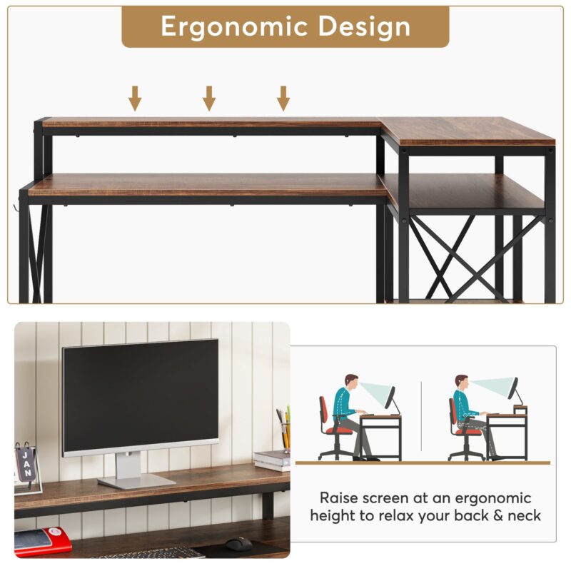 L-Shaped Desk, Reversible Corner Desk with Storage Shelves and Monitor Stand - Image 6