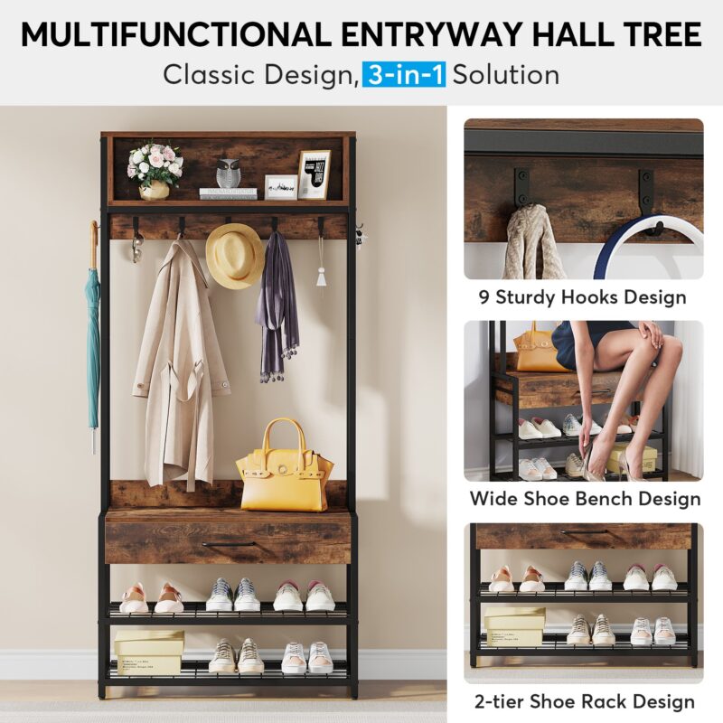 Coat Rack Shoe Bench, Entryway Hall Tree with Drawer & Hooks - Image 6