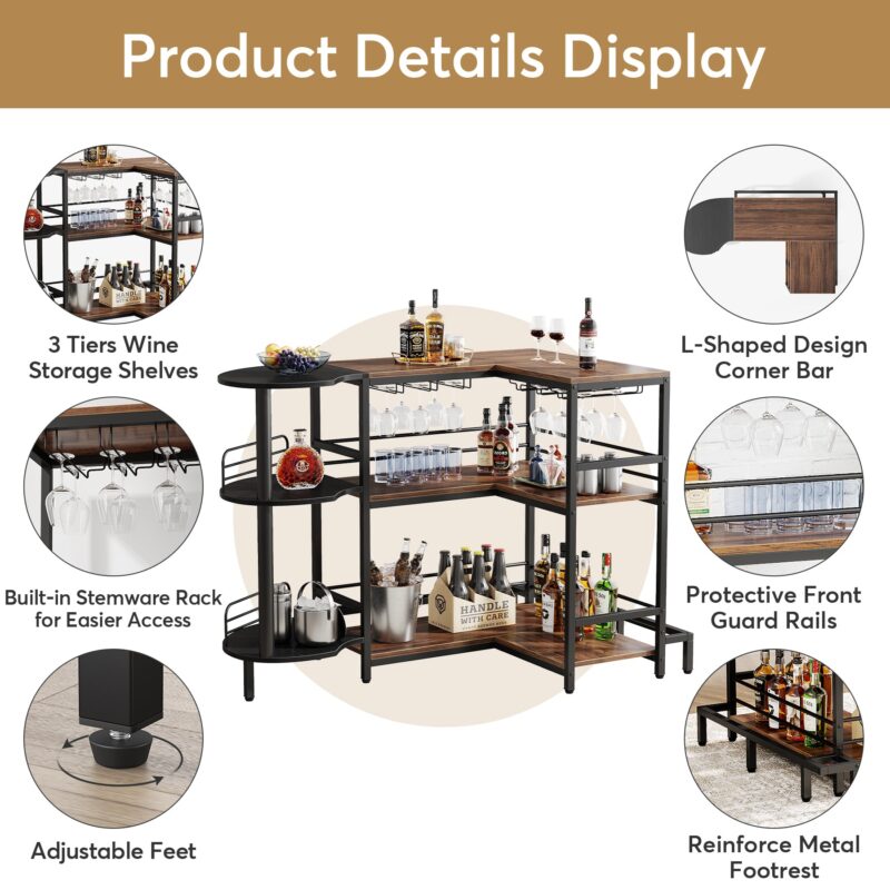 Home Bar Unit, 3-Tier L-Shaped Liquor Bar Table with Glass Holders - Image 6