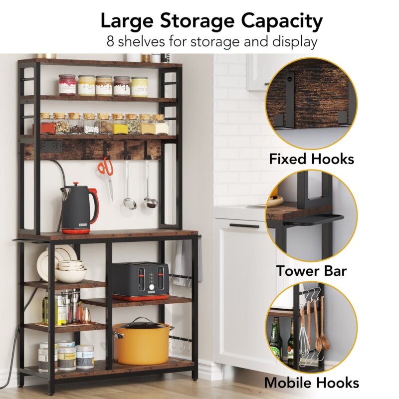 8-Tier Kitchen Baker’s Rack with Power Outlet & Hooks - Image 6