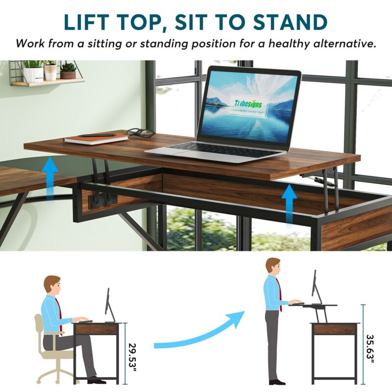 L-Shaped Desk with Lift Top, 59" Corner Computer Desk with Storage Shelves - Image 6