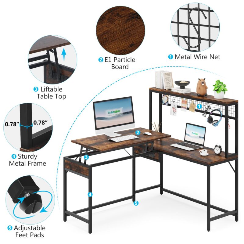 Lift Top L-Shaped Desk, Corner Height Adjustable Desk with Hutch - Image 7