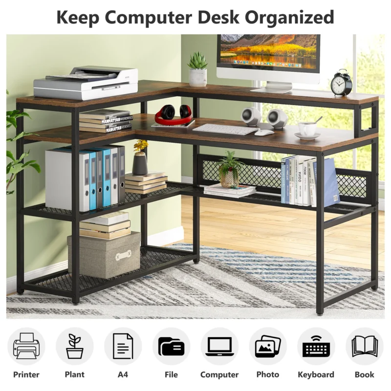 L-Shaped Computer Desk with Open Shelves & Monitor Stand - Image 7