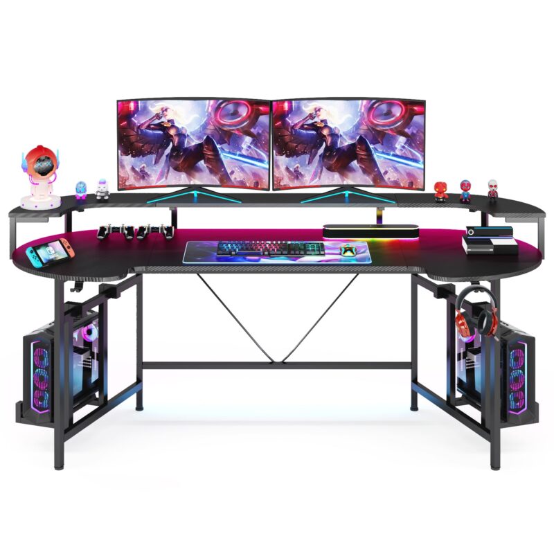 Gaming Desk, 75" Computer Desk with LED Strip & Monitor Shelf