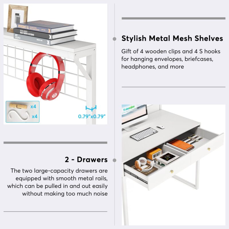 Computer Desk, Modern Study Table With 2 Drawers & Mesh Shelf - Image 5