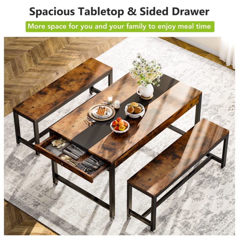 Dining Table Set, Kitchen Breakfast Table with 2 Benches & Sided Drawer - Image 5