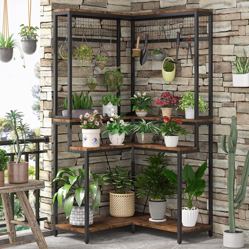 Corner Plant Stand, 67" Tall Flower Shelf with 15 Hanging Hooks - Image 3