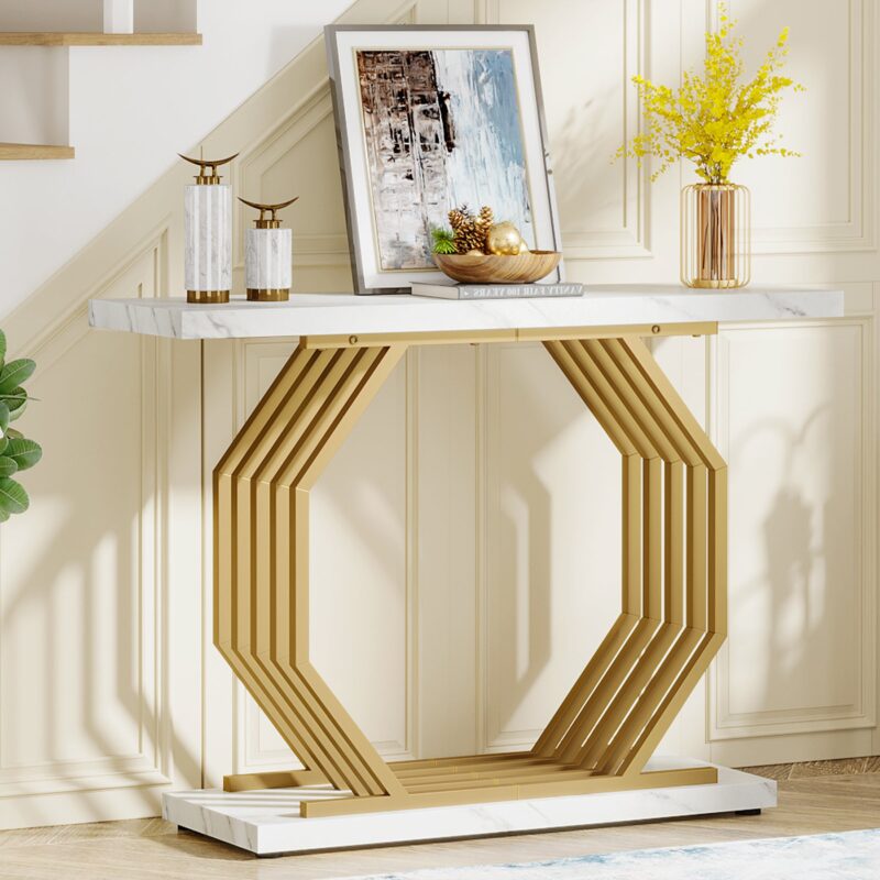 Console Table, 40" Faux Marble Sofa Table with Geometric Metal Base - Image 3