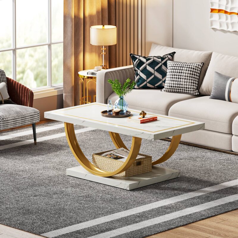 Coffee Table, Mid Century Modern Center Table with Faux Marble Veneer - Image 5