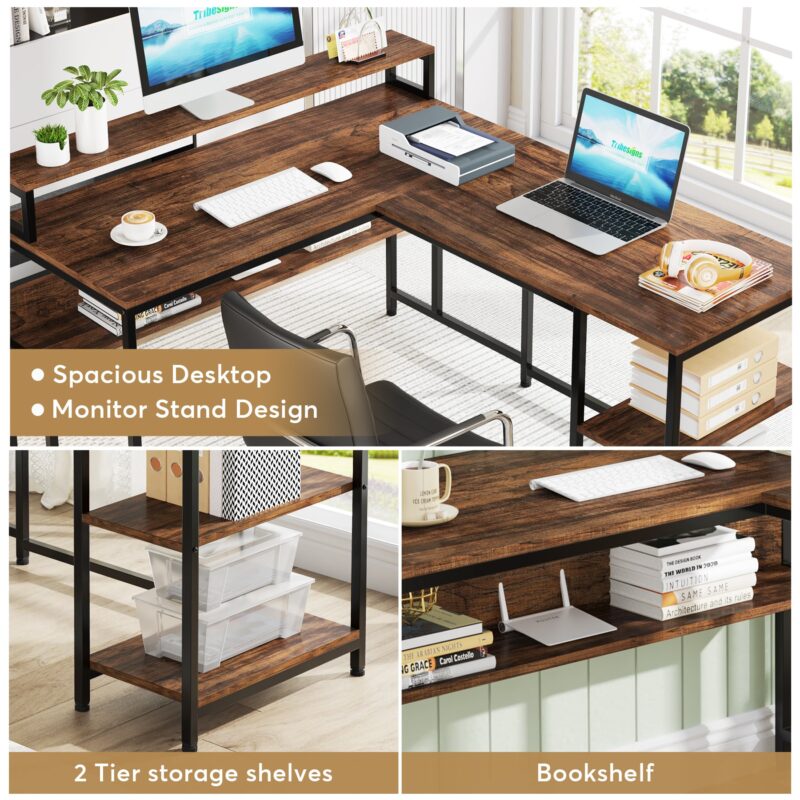 L-Shaped Desk, Reversible Corner Desk with Shelves & Monitor Stand - Image 5