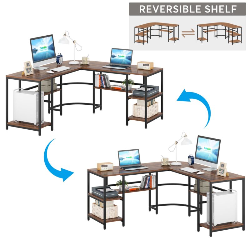 L-Shaped Desk, 59" Reversible Corner Computer Desk with Storage Shelves - Image 6