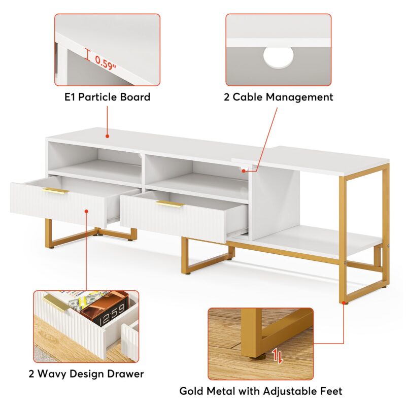 TV Stand, 63" Media Console with 2 Drawers and Shelves - Image 7