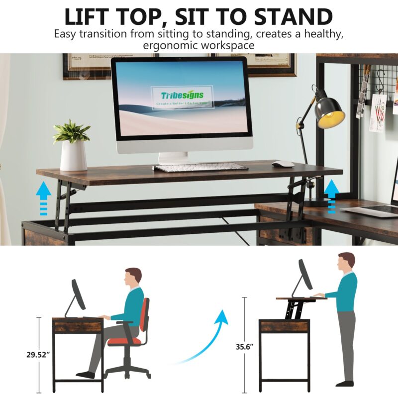 Lift Top L-Shaped Desk, Corner Height Adjustable Desk with Hutch - Image 6