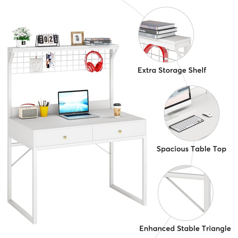 Computer Desk, Modern Study Table With 2 Drawers & Mesh Shelf - Image 6