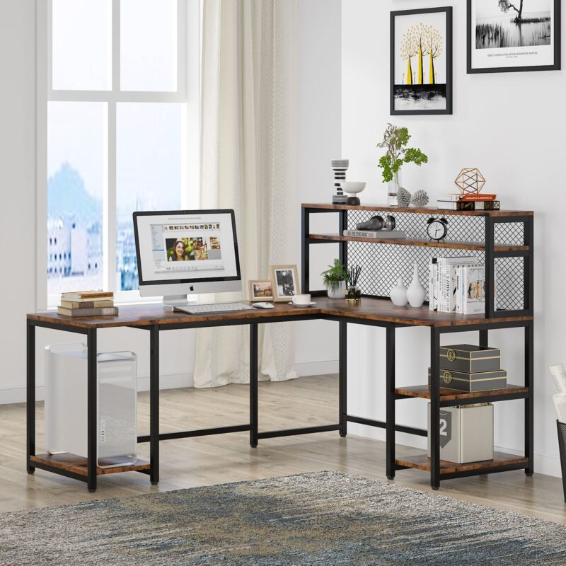 L-Shaped Desk, 67" Reversible Large Computer Writing Desk with Hutch