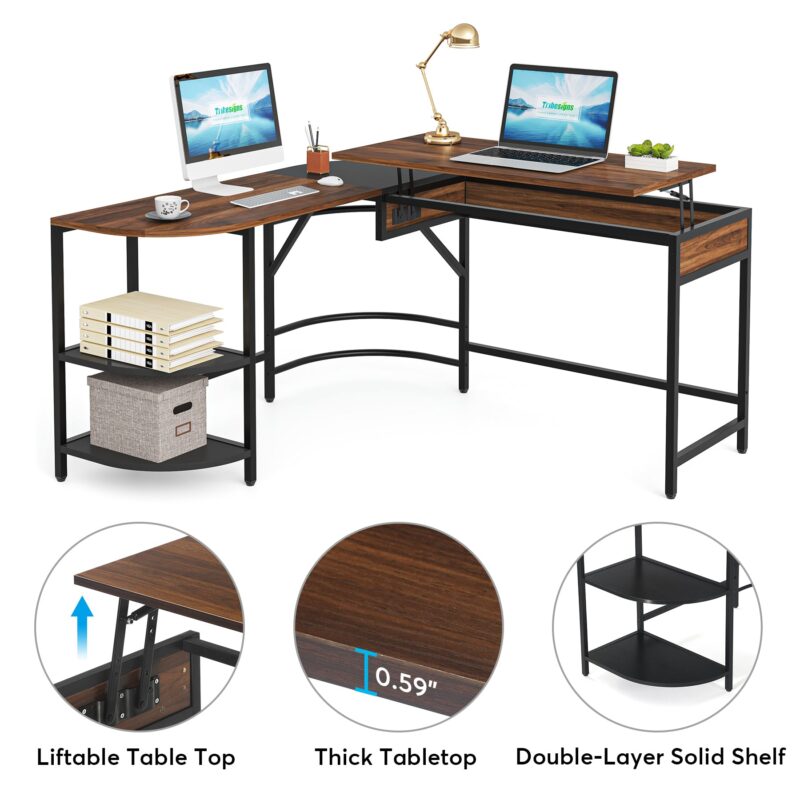 L-Shaped Desk with Lift Top, 59" Corner Computer Desk with Storage Shelves - Image 7