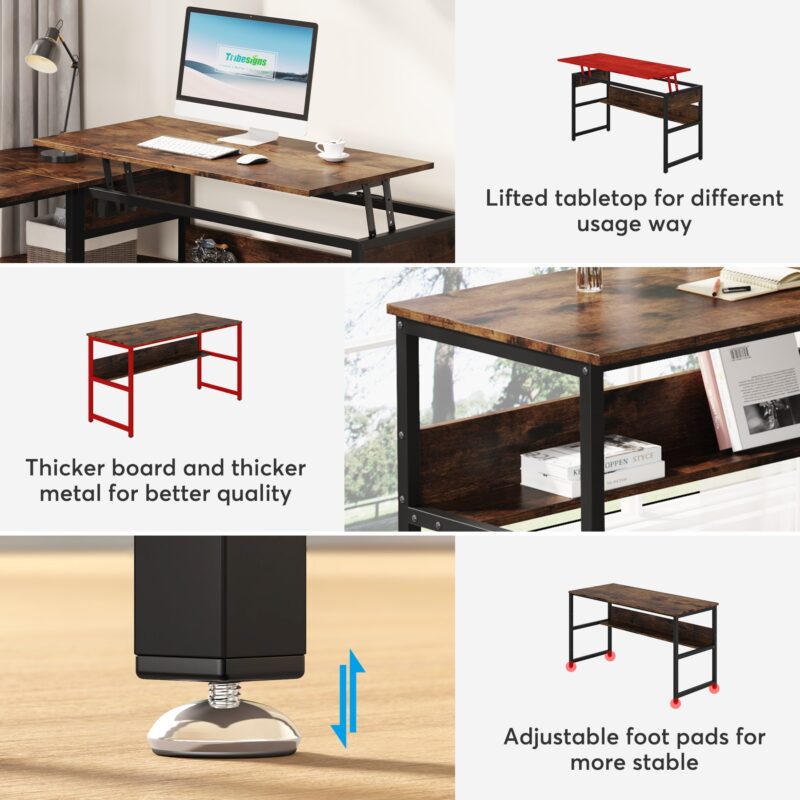 Lift Top L-Shaped Desk, Corner Computer Desk with Storage Shelves - Image 7