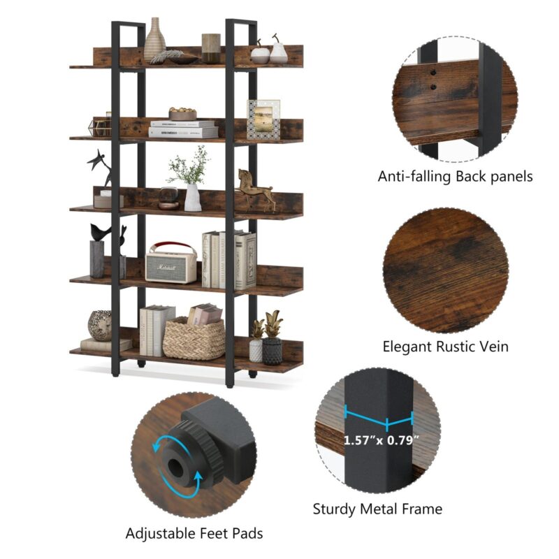 5-Tier Bookshelf, Industrial 5-Shelf Etagere Bookcase - Image 6