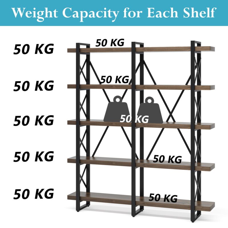 Bookshelf, Double Wide 5-Shelf Etagere Bookcase - Image 6