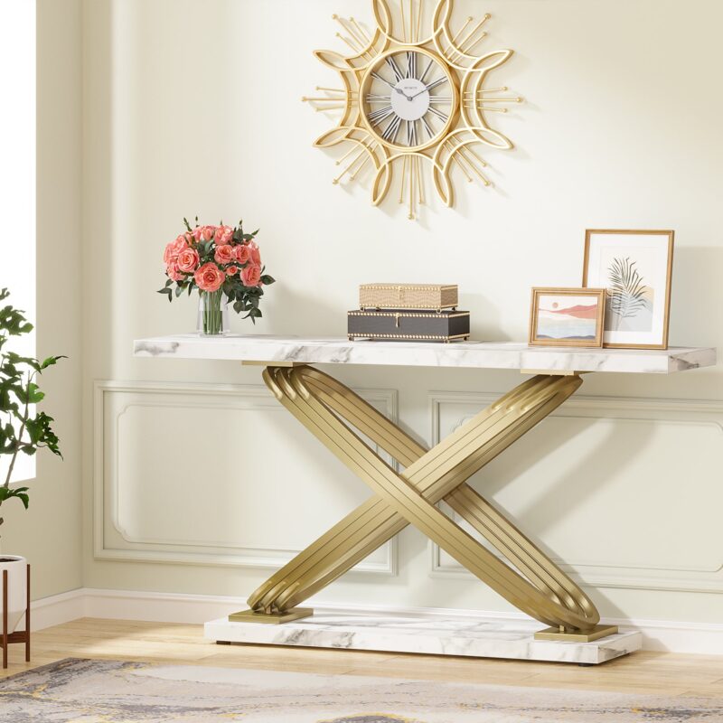 Console Table, 55" Modern Faux Marble Sofa Entryway Table - Image 3